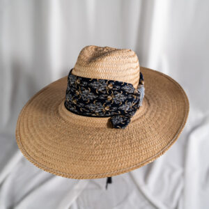 Woven Straw Hat with Botanical Band and Denim Accent