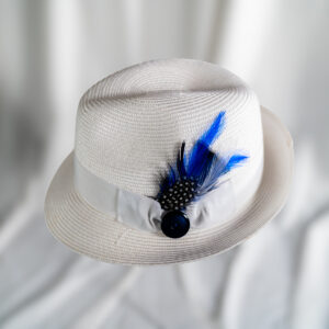 White Woven Fedora with Feather & Button Accent