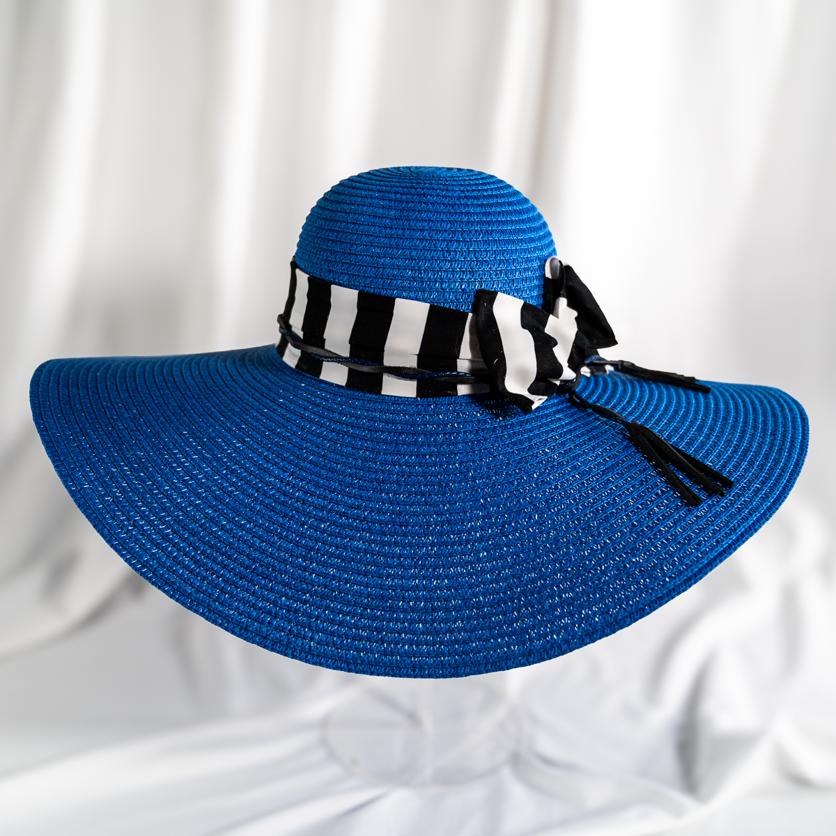 Artisan Royal Blue Straw Hat with Stripe Accent & Tassel Detail - Image 3