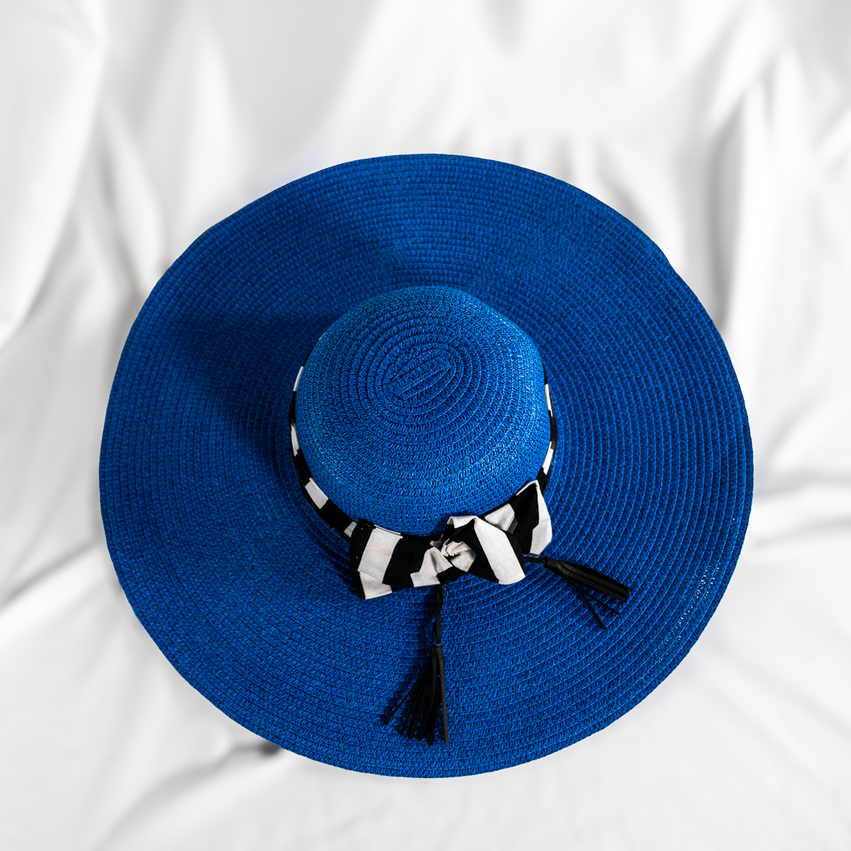 Artisan Royal Blue Straw Hat with Stripe Accent & Tassel Detail - Image 2
