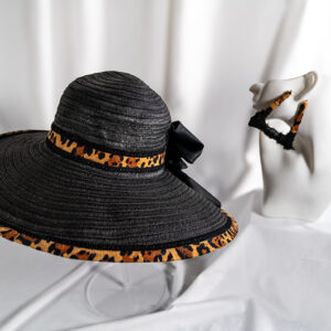 Handcrafted Black Straw Hat with Leopard Brim & Matching Band