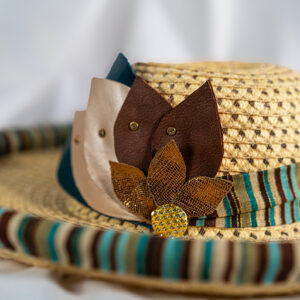 Artisan Straw Fedora Hat with Leather Floral Appliqué & Jewel Center