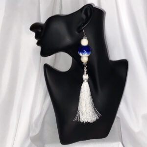 Hand-Painted Tie Dye Sapphire Blue Bead & White Tassel Earrings