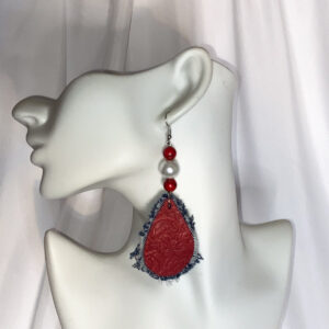 Delta Crimson and Pearl Embossed Denim-Trimmed Earrings
