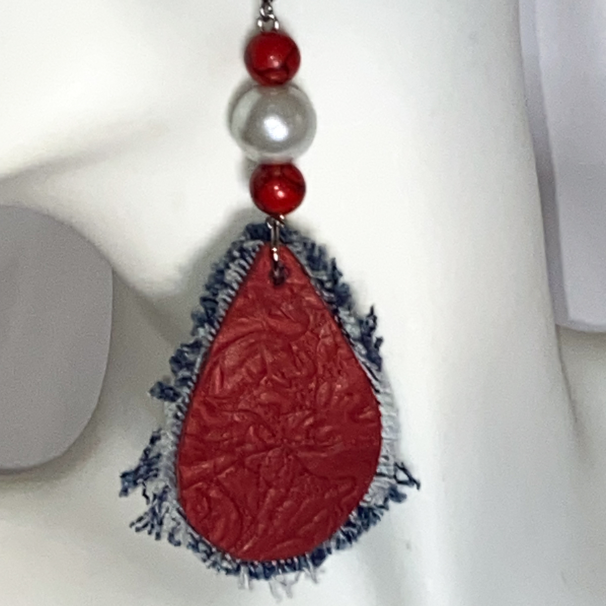 Delta Crimson and Pearl Embossed Denim-Trimmed Earrings - Image 4