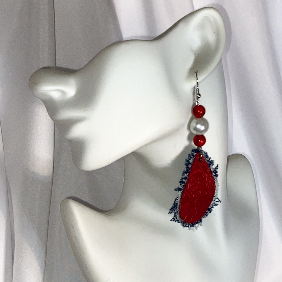 Delta Crimson and Pearl Embossed Denim-Trimmed Earrings - Image 3