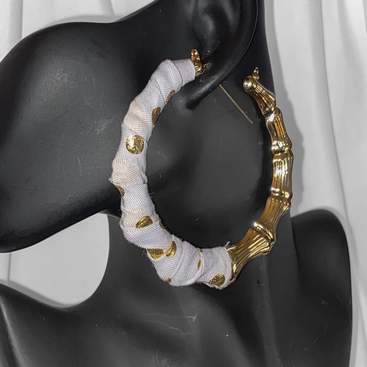 White & Gold Bamboo Accent Hoop Statement Earrings - Image 2