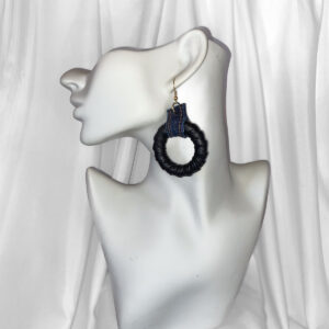 Black Leather-Wrapped Hoop Earrings with Denim Accent