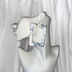 Distressed Indigo-Striped White Denim Square Bamboo Hoop Earrings