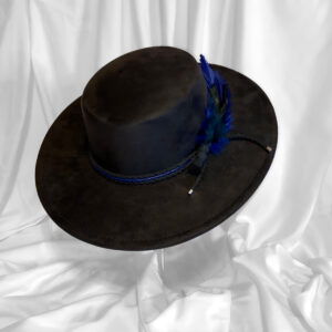 Black Wide Brim Hat with Blue Feather Accent